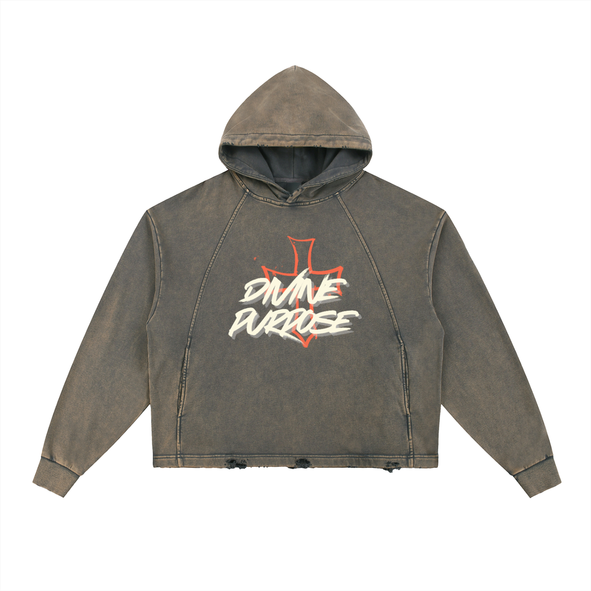 MYVZN Divine Purpose oversized frayed-hem hoodie styled for streetwear outfits